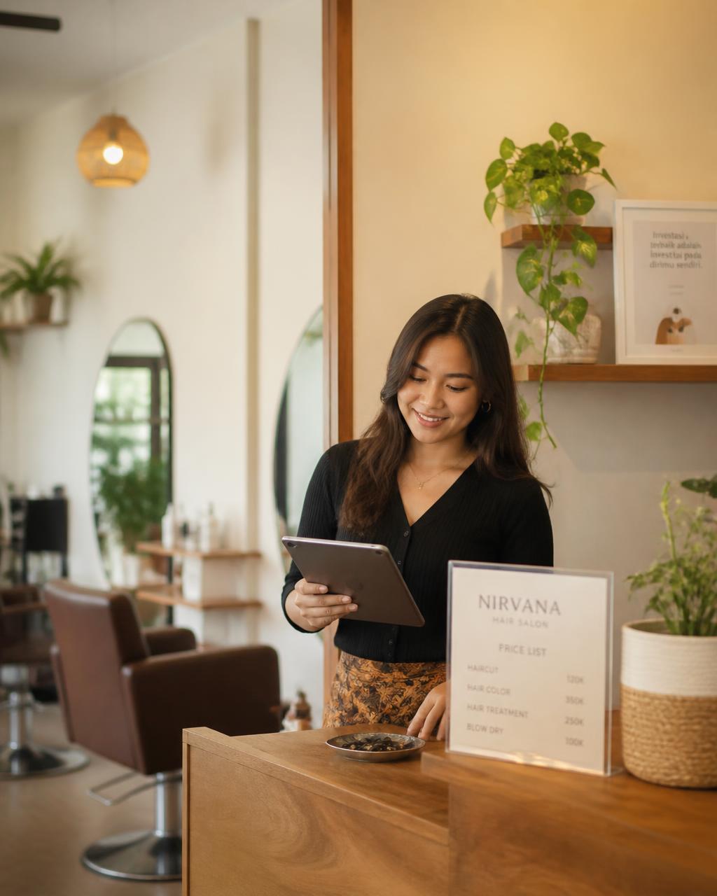 Pemilik salon mengecek jadwal booking hari ini lewat tablet